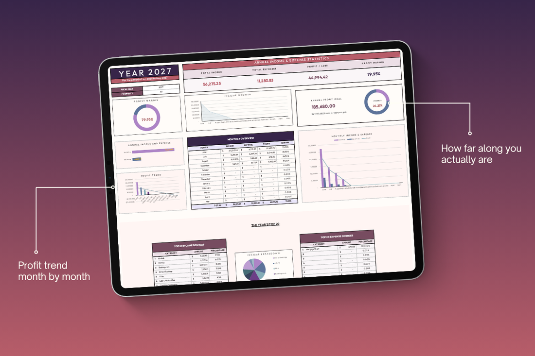 Annual dashboard showing profit against the annual goal with progress percentage