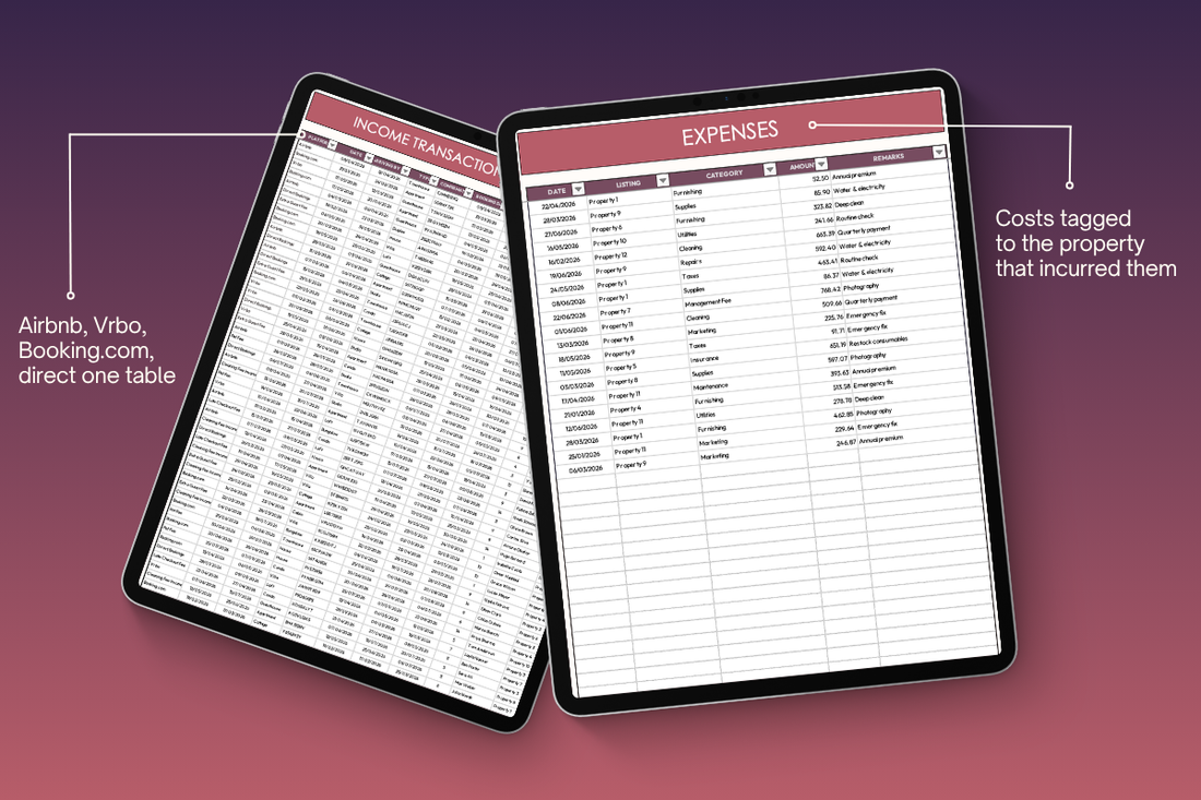 Income tab with bookings from Airbnb, Vrbo, Booking.com and direct stays in one table, each tagged by channel
