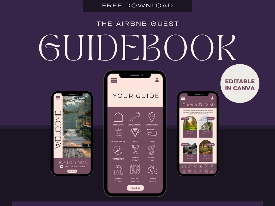 Guest guidebook template shown on a phone, with welcome screen, house rules and local recommendations